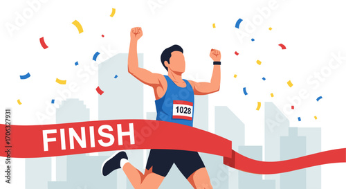 A runner crossing the finish line with confetti and a cityscape in the background