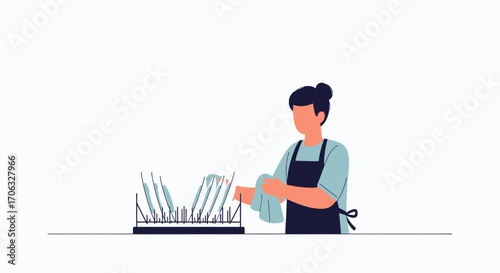 Woman Drying Dishes After Meal Simple Illustration On White Background In Minimalist Style
