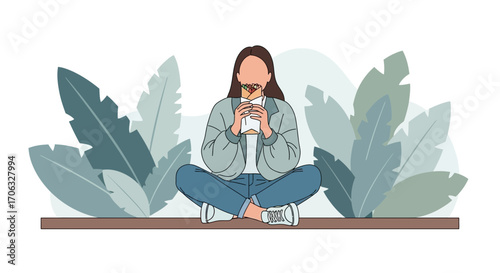 Woman Eating a Wrap Sitting in Nature, Relaxed and Enjoying Healthy Food