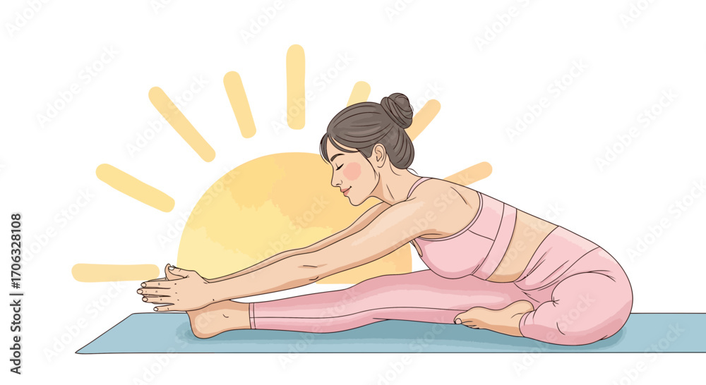 Obraz premium Woman Engaging In Yoga Pose During Sunrise In Artistic And Simplified Illustration