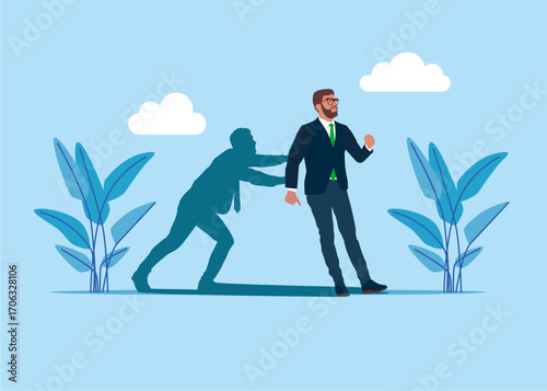 Fearful businessman being pushed by his own shadow self encourage self believe. Avoid from working stress. Flat vector illustration