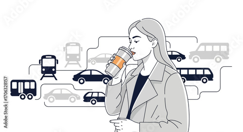 Woman Enjoying a Coffee While Thinking About Transport and Daily Commute