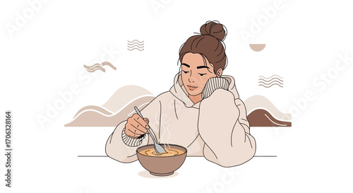 Woman enjoying a bowl of soup in cozy atmosphere line art illustration