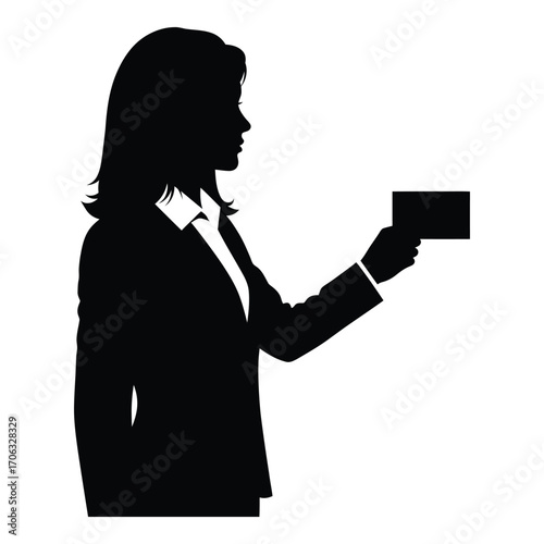 Silhouette of a professional woman holding a business card or id card silhouette