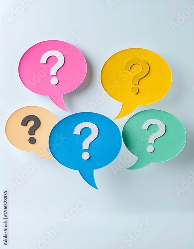 Colorful question mark speech bubbles arranged on a light background