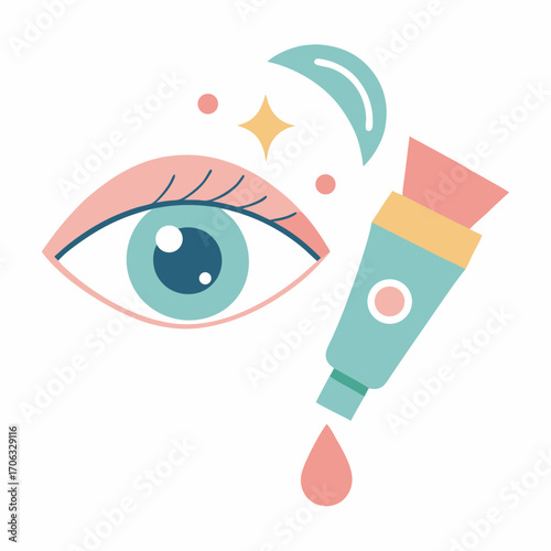 Flat vector illustration of eye cream tube, female hand applying cream under eyes, soft pastel colors, SVG format, isolated on white background, modern skincare icon”