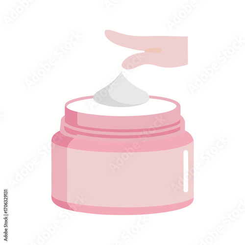 Cute flat SVG of a moisturizer jar with hand applying cream, minimalist pastel design, isolated on white background, modern skincare icon