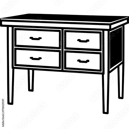 A simple black silhouette of a four drawer dresser with handles isolated on white background