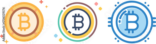 Different conceptual flat illustrations of Bitcoin cryptocurrency with various colors and styles