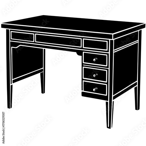 Classic wooden writing desk with multiple drawers and compartments silhouette isolated on white background