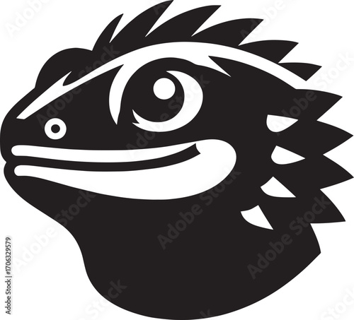 Stylized silhouette of a bearded dragon head with spikes profile view black and white