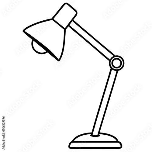 Simple black line art silhouette of an adjustable desk lamp isolated on white background