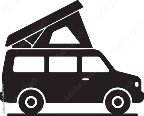 Camper Van Silhouette with Roof Tent Camping Setup Vector Illustration for Outdoor Vanlife Lifestyle
