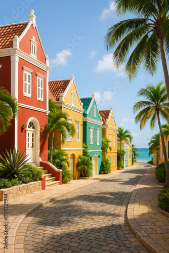 Colorful colonial architecture in Aruba with bright facades, red tiled roofs, and charming Caribbean street view under blue sky.