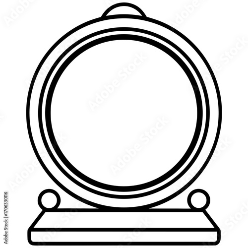 A simple black line art silhouette of a round mirror on a stand isolated on white background