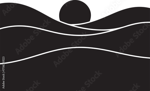 Black and white abstract landscape with sun and waves