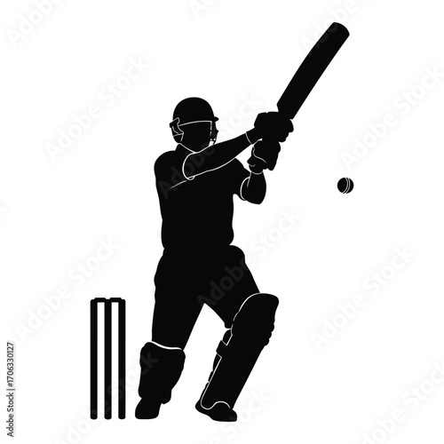Silhouette of a cricket player batting with wicket and ball ready to score silhouette