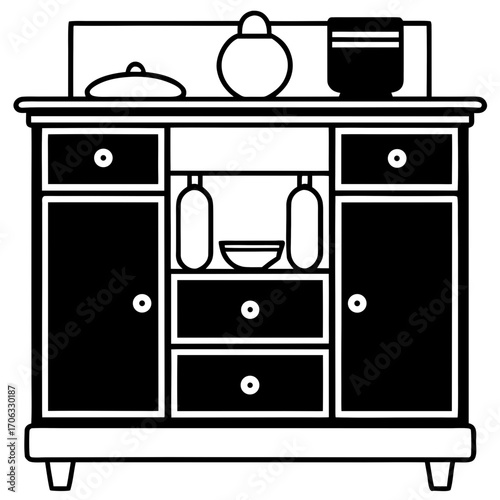 Kitchen cabinet with drawers shelves and pots silhouette isolated on white background