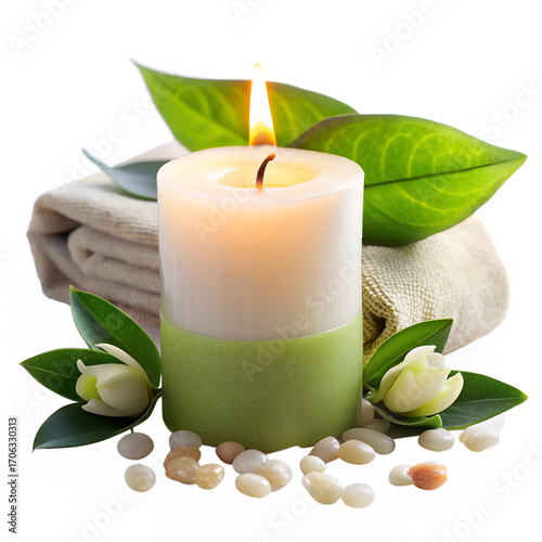 Spa Still Life with Candle Towels Green Leaves and White Pebbles for Relaxation