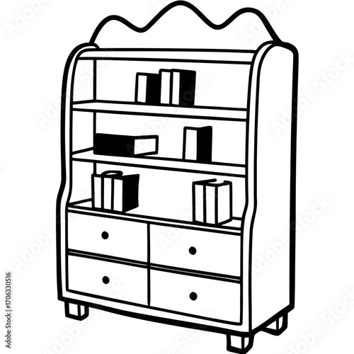 Black and white silhouette of a bookshelf with drawers and books isolated on white background