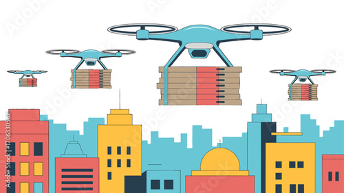 Drones delivering cargo over cityscape.