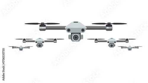 A group of gray drones on the fly.