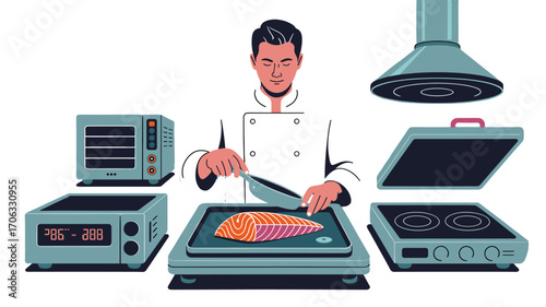 A chef precisely cooking a fresh salmon fillet with culinary tools.