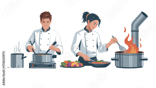 Two chefs meticulously preparing a meal in a professional kitchen.