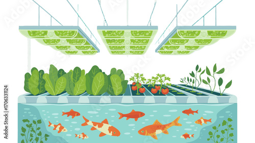 Illustration of an aquaponics system, showcasing a sustainable food production method.