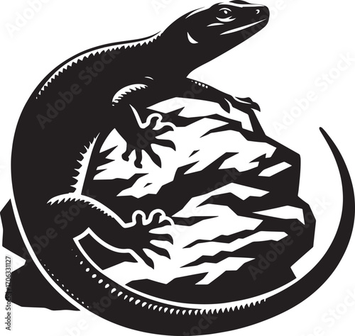 Silhouette of a lizard perched on a textured rock surface ready to pounce