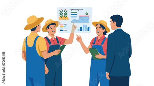 A collaborative meeting for agricultural innovation, farmers and business man discussing farming chart.