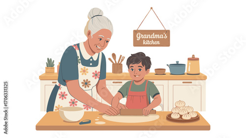 Grandmother and child preparing dough together in a home kitchen.