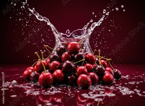 Splashing water over a pile of fresh red cherries on dark background