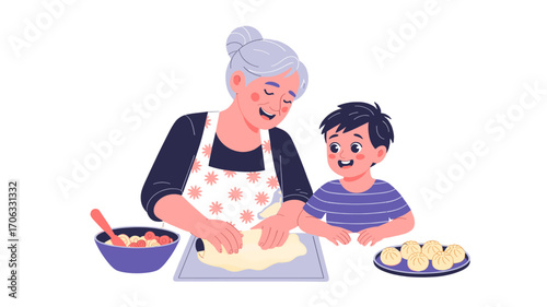 A heartwarming moment of a grandmother and grandson making pastry together.