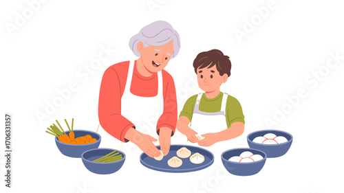 Grandmother and grandson preparing food together.