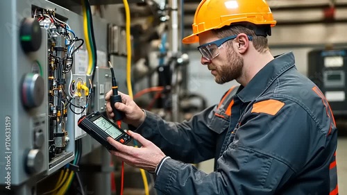 Technician in safety gear examining electrical equipment with a multimeter in a factory setting