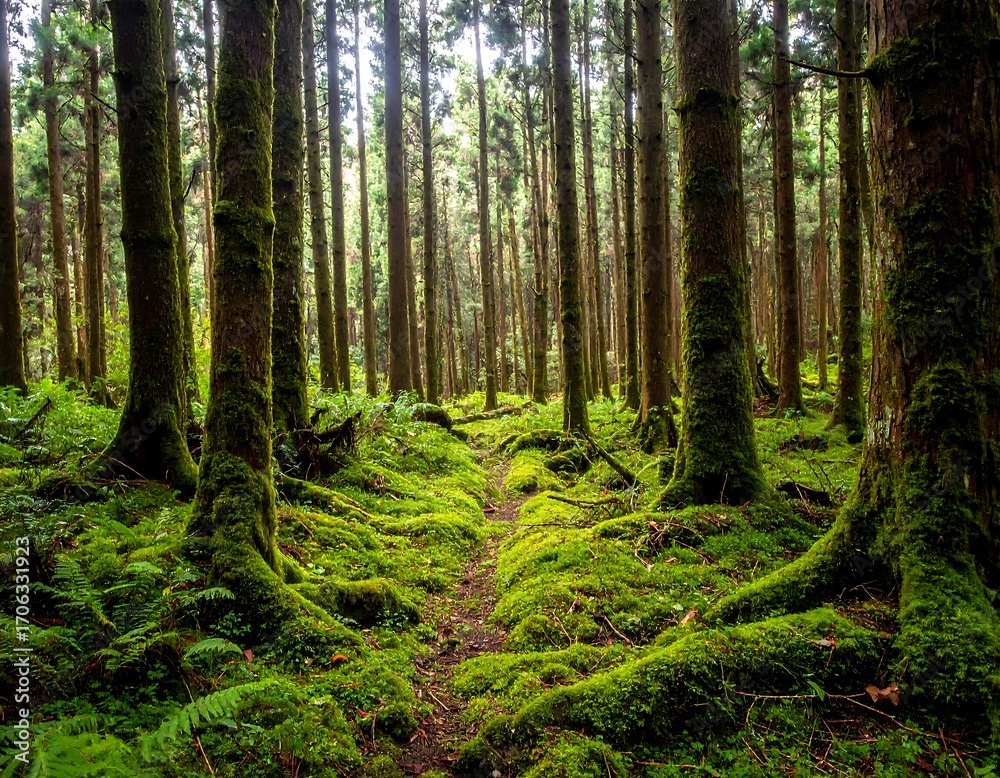 Obraz premium Lush forest floor bathed in soft light