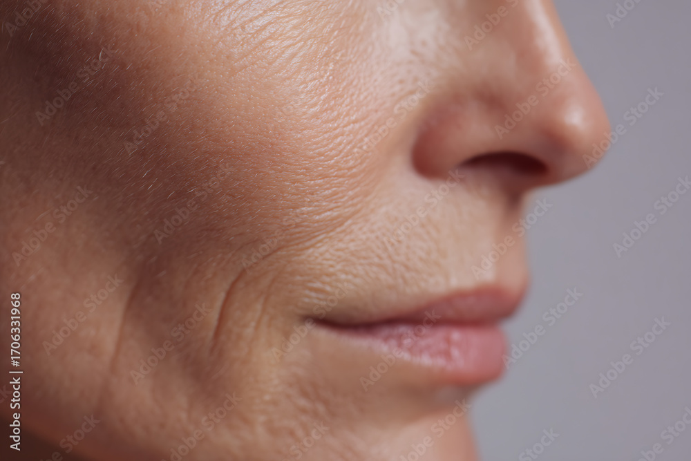 Obraz premium detailed skin examination, detailed clinical close-up of a womans aging skin with fine lines, wrinkles, and visible pores under neutral studio lighting