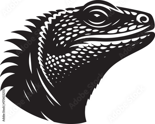 Detailed black and white close-up portrait of a reptilian lizard head profile striking pose