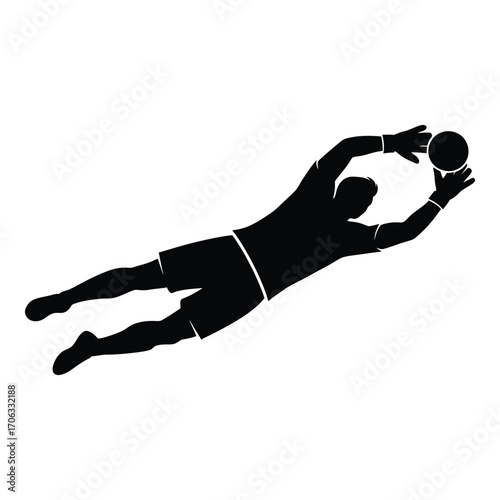 Dynamic goalkeeper silhouette diving to catch soccer ball in action silhouette