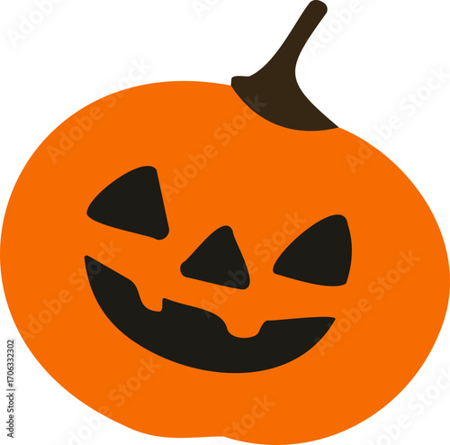 a carved Halloween pumpkin with a happy, playful jack-o'-lantern face and a dark brown stem.