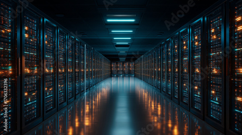 High-tech server room corridor, endless rows of glowing LED servers, polished reflective floor, cinematic depth