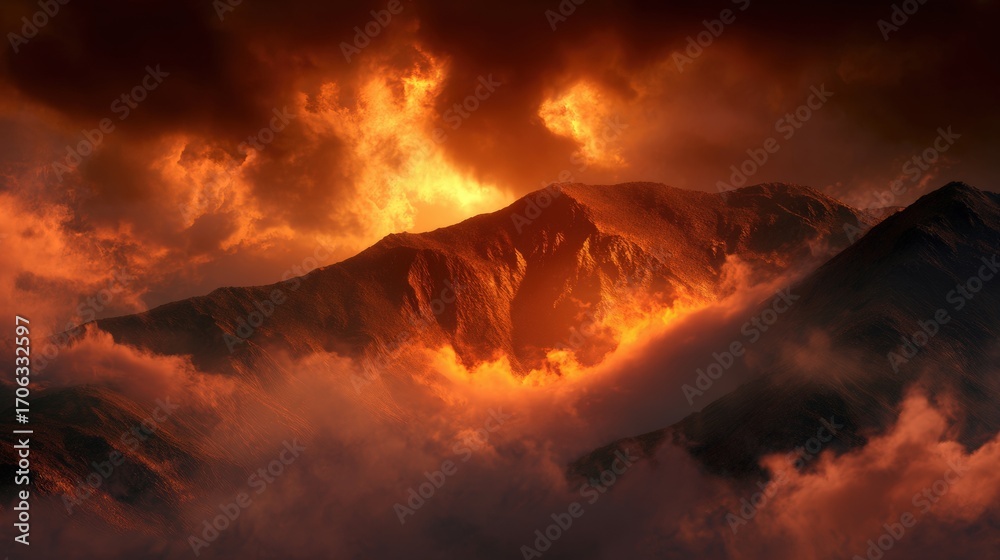 Fototapeta premium Fiery Sunset Over Rugged Mountain Peaks with Dramatic Clouds