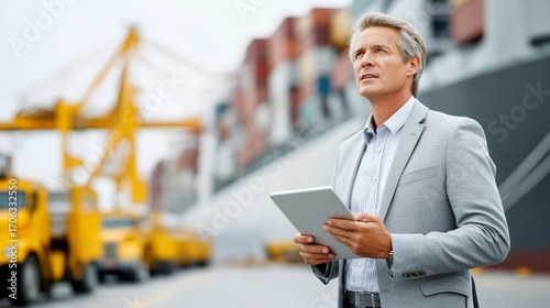 Confident businessman with tablet at port background with containers and cranes symbolizing global logistics shipping management and international trade control, Generative AI