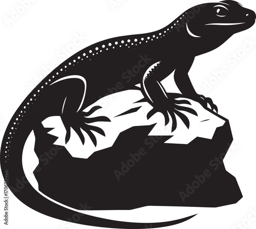 Silhouette of a desert lizard perched on a rock in profile view detail