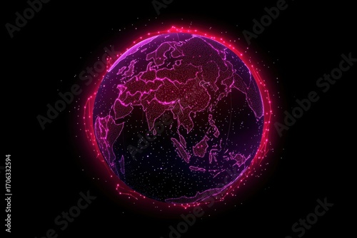 A digital representation of Earth with glowing lines and points, emphasizing continents and a futuristic aesthetic against a dark background.