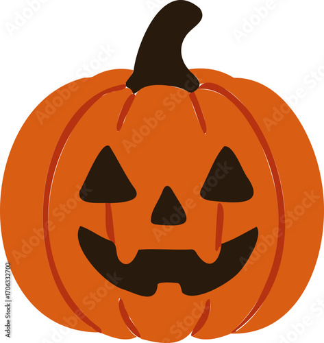 a classic Halloween jack-o'-lantern pumpkin with a carved face, triangular eyes, and a wide smiling mouth, featuring a black stem on top.