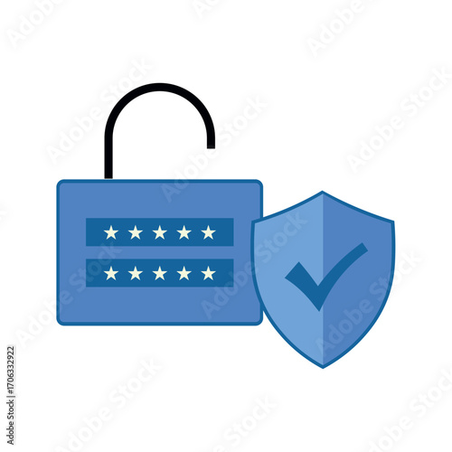 Blue padlock and shield with check mark unlock open