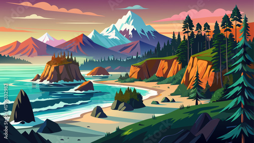 Olympic National Park, Washington, USA, encompasses glacier-capped peaks, mossy rainforests, and wild Pacific beaches kissed by a glowing dusk horizon.
