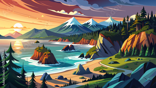 Olympic National Park, Washington, USA, encompasses glacier-capped peaks, mossy rainforests, and wild Pacific beaches kissed by a glowing dusk horizon.